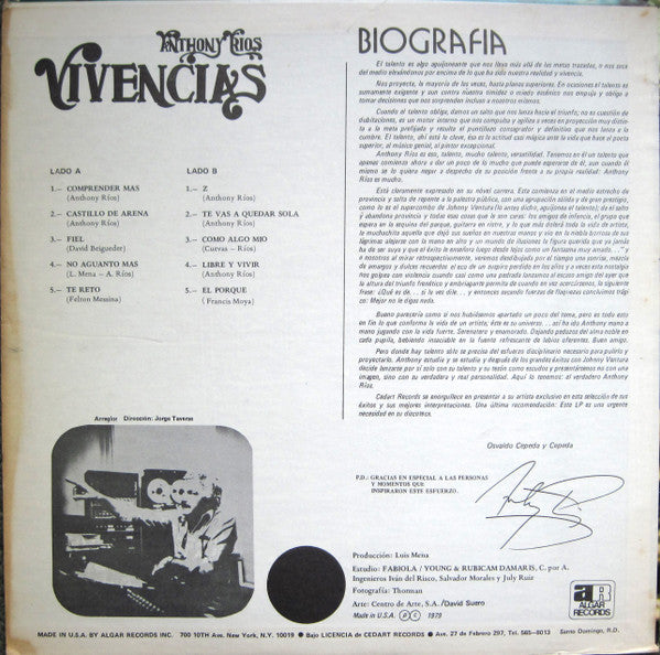 Anthony Rios : Vivencias (LP, Album)