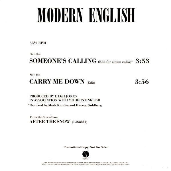Modern English : Someone's Calling / Carry Me Down (12", Promo)