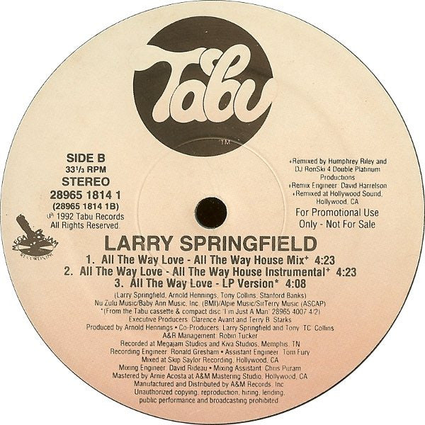 Larry Springfield : All The Way Love (12", Promo)