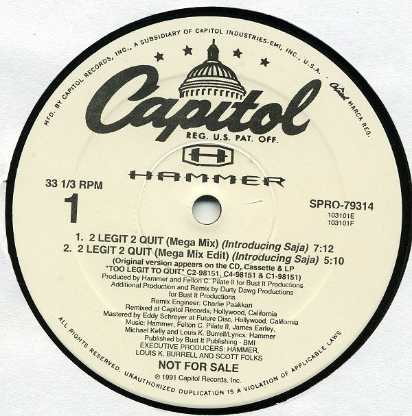 Hammer* : 2 Legit 2 Quit (Mega Mix) (12", Promo)