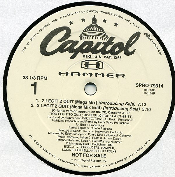 Hammer* : 2 Legit 2 Quit (Mega Mix) (12", Promo)