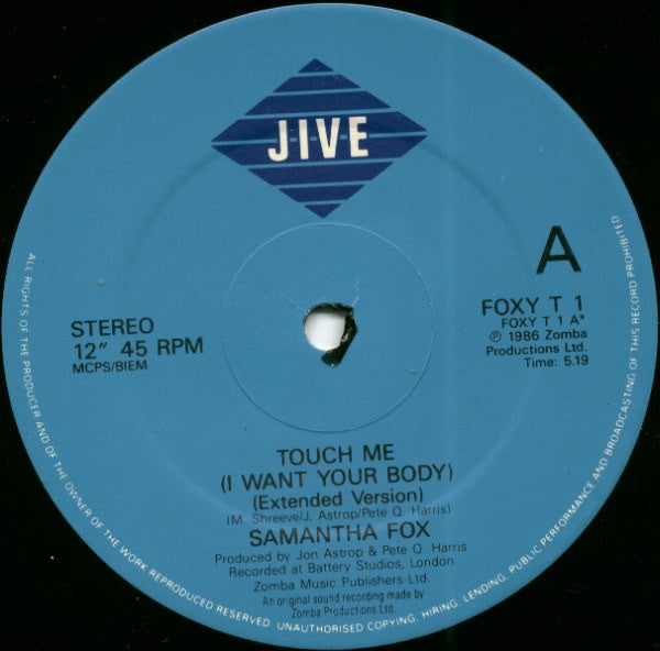 Samantha Fox : Touch Me (I Want Your Body) (12", Single)