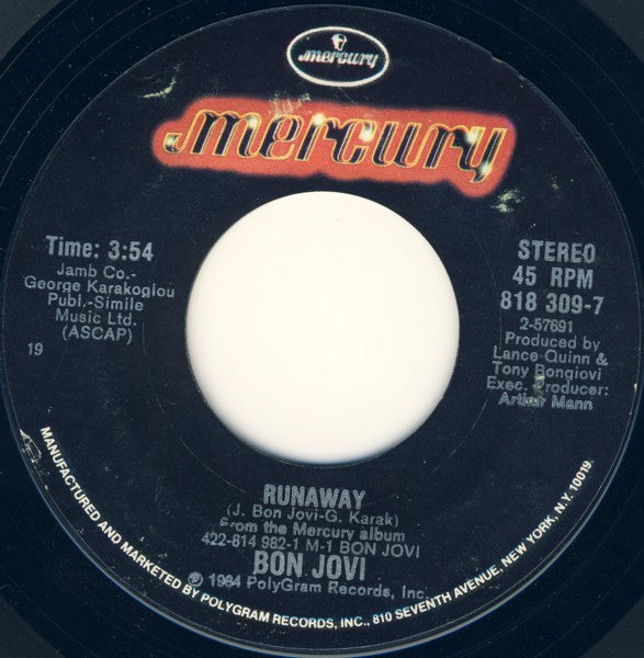Bon Jovi : Runaway (7", Single, Styrene, 19 )
