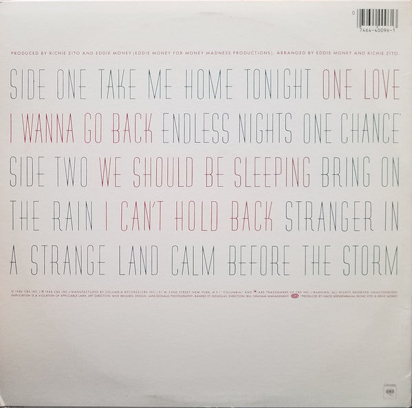 Eddie Money : Can't Hold Back (LP, Album, Pit)