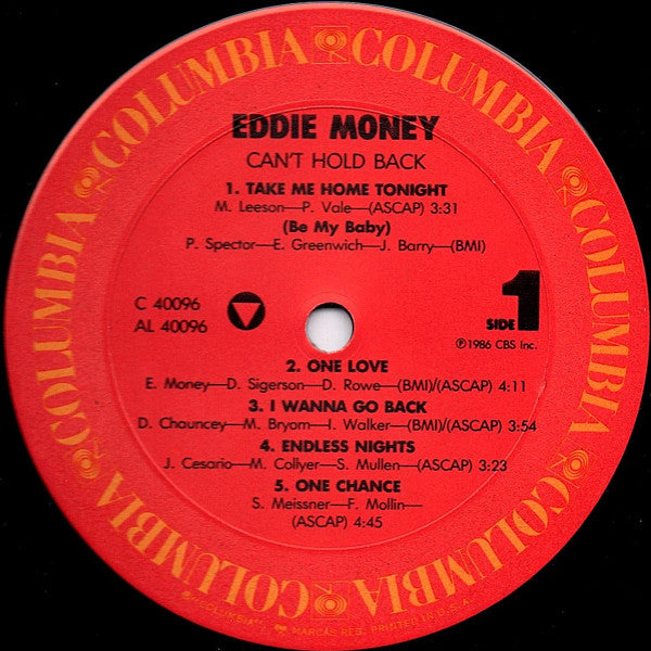 Eddie Money : Can't Hold Back (LP, Album, Pit)