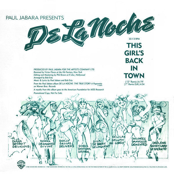 Paul Jabara : Presents: De La Noche - This Girl's Back In Town (12", Promo)