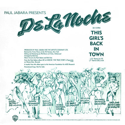 Paul Jabara : Presents: De La Noche - This Girl's Back In Town (12", Promo)