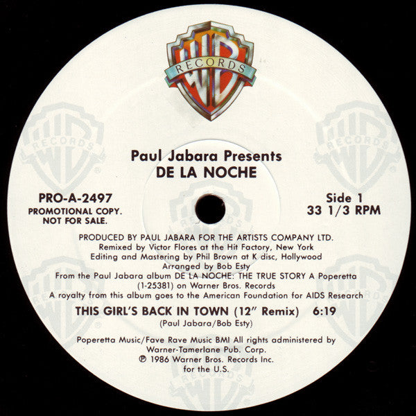 Paul Jabara : Presents: De La Noche - This Girl's Back In Town (12", Promo)