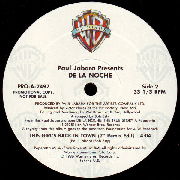 Paul Jabara : Presents: De La Noche - This Girl's Back In Town (12", Promo)