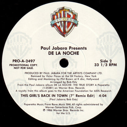 Paul Jabara : Presents: De La Noche - This Girl's Back In Town (12", Promo)
