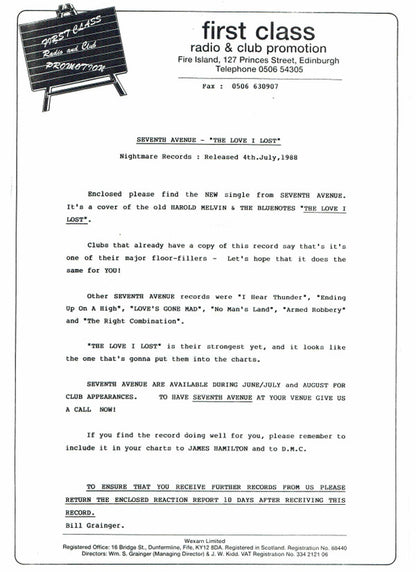 Seventh Avenue : The Love I Lost (12", Single)