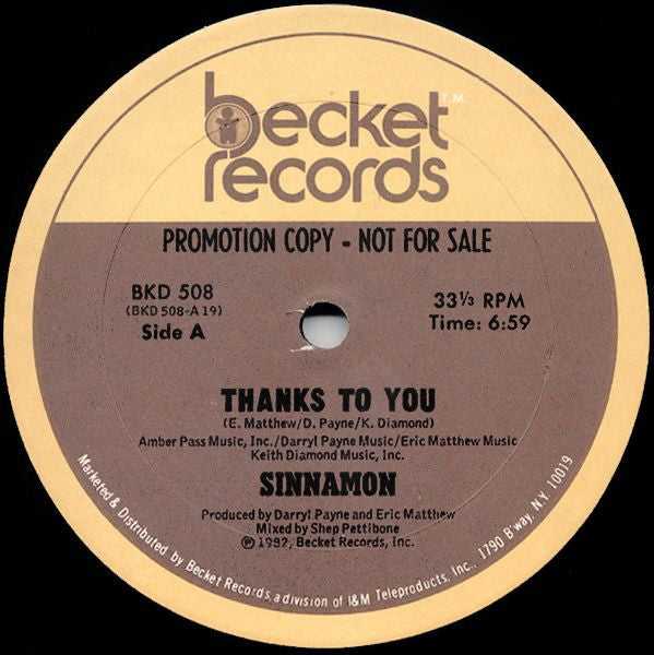 Sinnamon : Thanks To You (12", Promo)