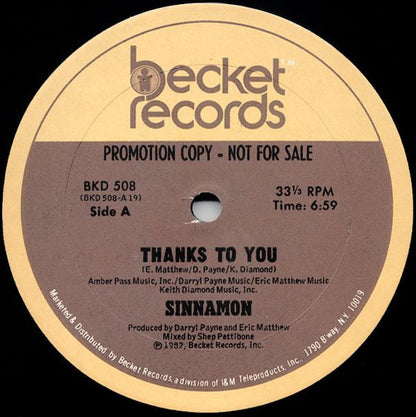 Sinnamon : Thanks To You (12", Promo)