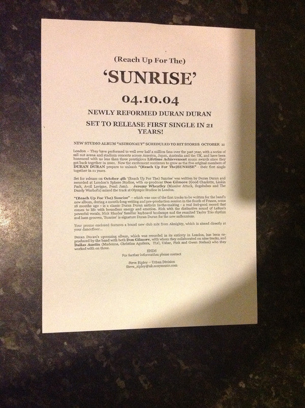 Duran Duran : (Reach Up For The) Sunrise (Remixes) (12", Promo, W/Lbl)