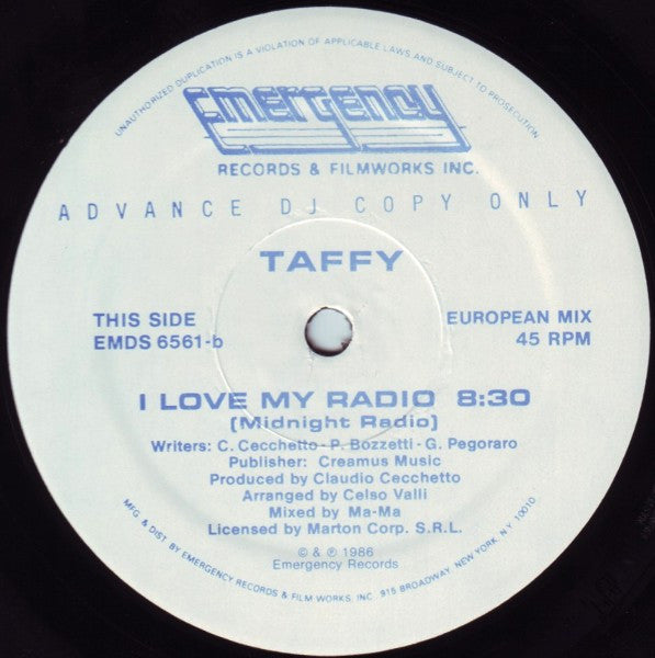 Taffy : I Love My Radio (Midnight Radio) (12", Promo)