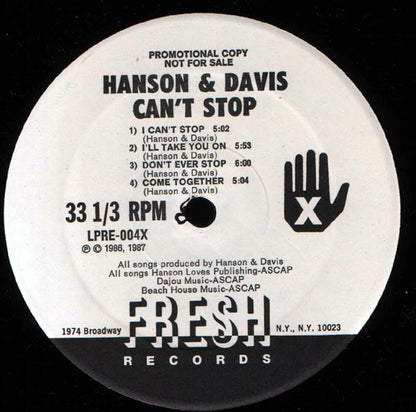 Hanson & Davis : Can't Stop (LP, Album, Promo)