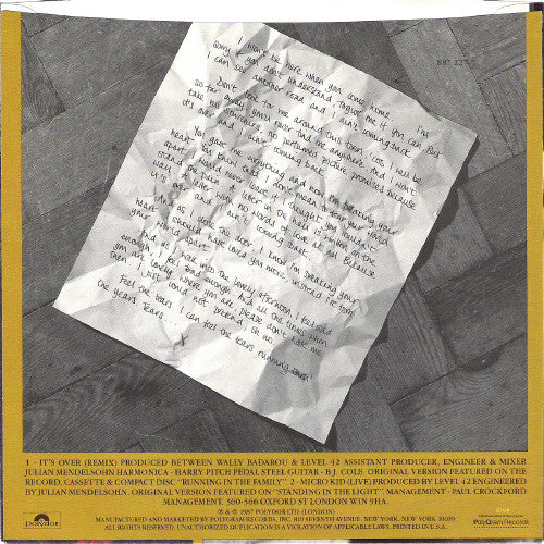 Level 42 : It's Over (7", Single)