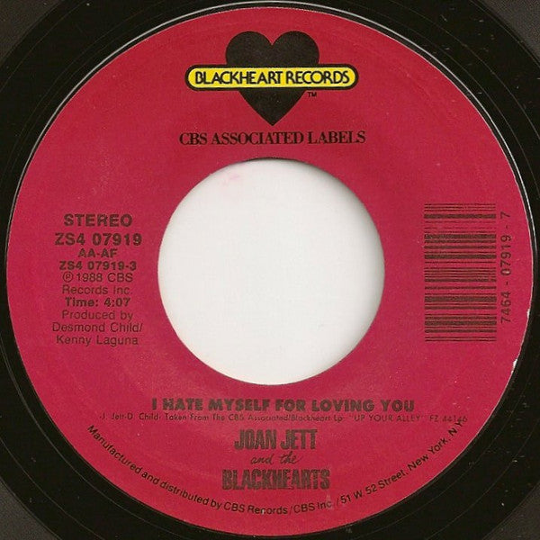 Joan Jett And The Blackhearts* : I Hate Myself For Loving You (7", Single, Styrene)