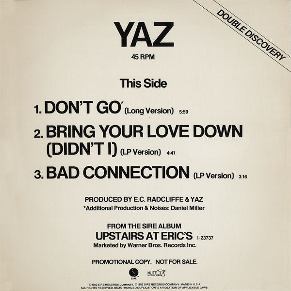 Yaz* / Sunfire (2) : Don't Go / Shake Your Body (12", Promo)