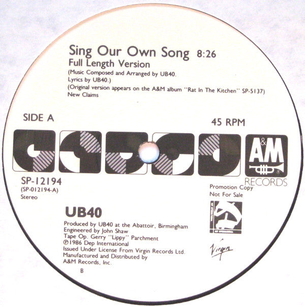 UB40 : Sing Our Own Song (12", Single, Promo, EMW)