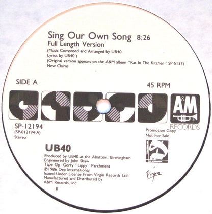 UB40 : Sing Our Own Song (12", Single, Promo, EMW)
