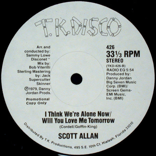 Scott Allan : I Think We're Alone Now / Will You Love Me Tomorrow (12", Promo)