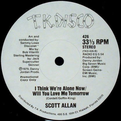 Scott Allan : I Think We're Alone Now / Will You Love Me Tomorrow (12", Promo)