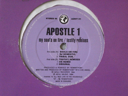 Apostle 1 : My Soul's On Fire / Testify Remixes (12")