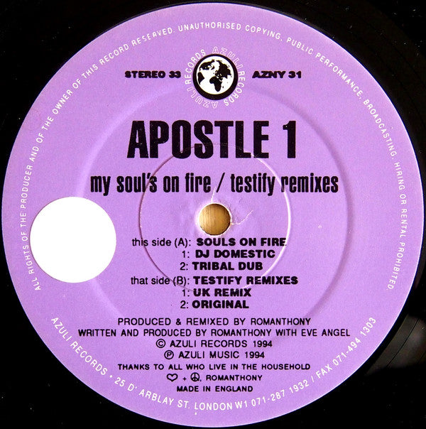 Apostle 1 : My Soul's On Fire / Testify Remixes (12")