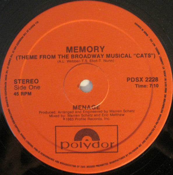Menage (2) : Memory (Theme From The Broadway Musical "Cats") (12")