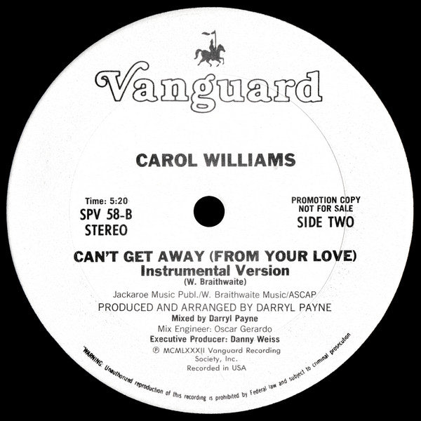 Carol Williams : Can't Get Away (From Your Love) (12", Promo)