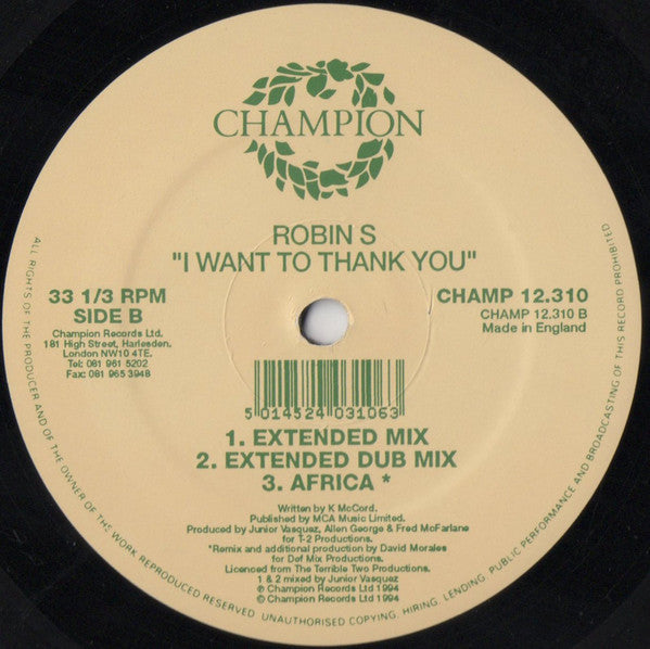 Robin S* : I Want To Thank You (12", Single)