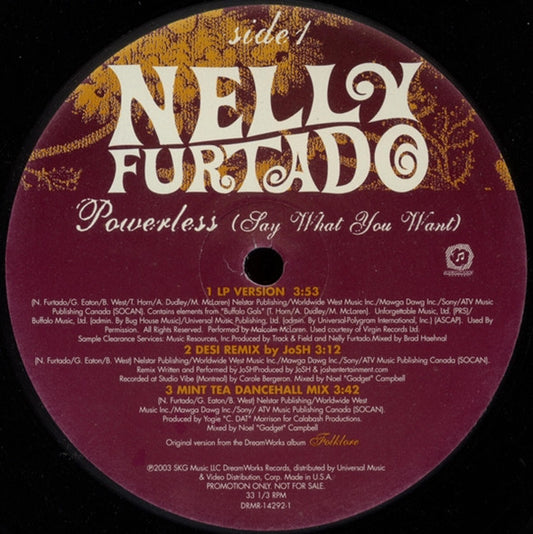 Nelly Furtado : Powerless (Say What You Want) (12", Promo)