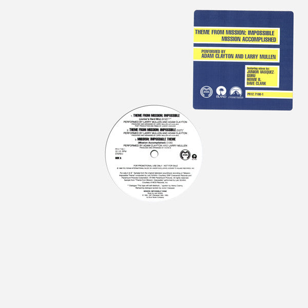 Adam Clayton And Larry Mullen : Theme From Mission: Impossible (Mission Accomplished) (12", Promo)