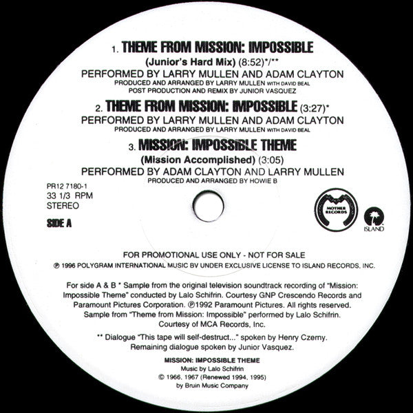 Adam Clayton And Larry Mullen : Theme From Mission: Impossible (Mission Accomplished) (12", Promo)