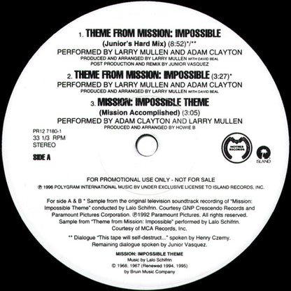 Adam Clayton And Larry Mullen : Theme From Mission: Impossible (Mission Accomplished) (12", Promo)
