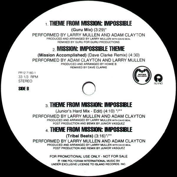 Adam Clayton And Larry Mullen : Theme From Mission: Impossible (Mission Accomplished) (12", Promo)