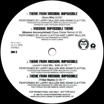 Adam Clayton And Larry Mullen : Theme From Mission: Impossible (Mission Accomplished) (12", Promo)