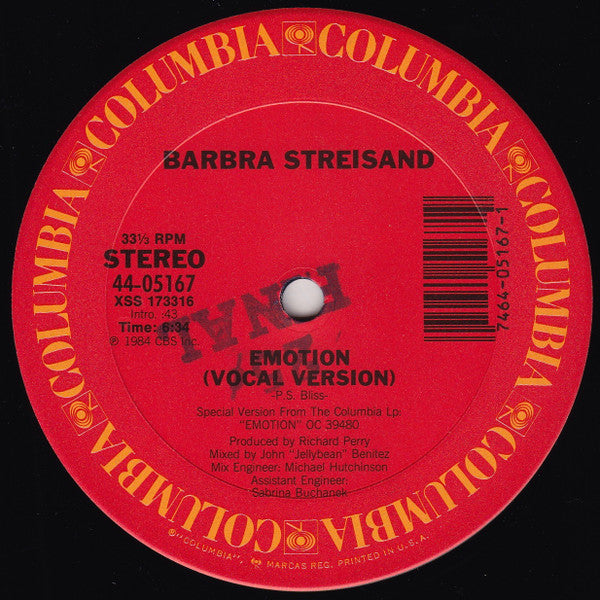 Barbra Streisand : Emotion (12", Single)