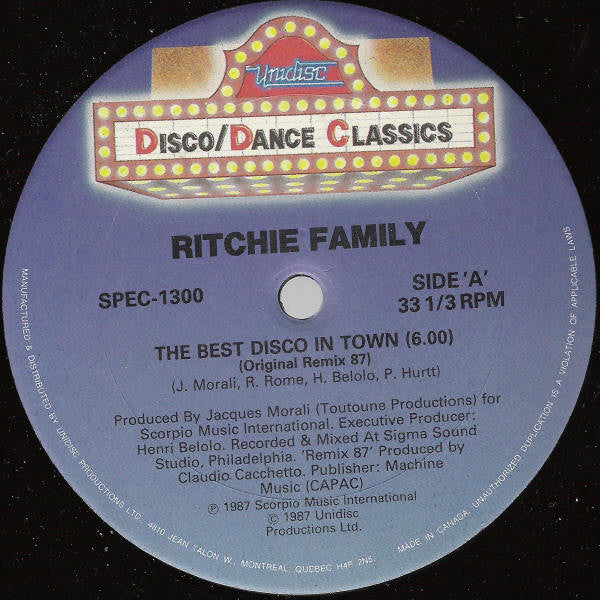 Ritchie Family* : The Best Disco In Town (Original Remix 87) (12", Blu)
