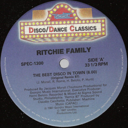 Ritchie Family* : The Best Disco In Town (Original Remix 87) (12", Blu)
