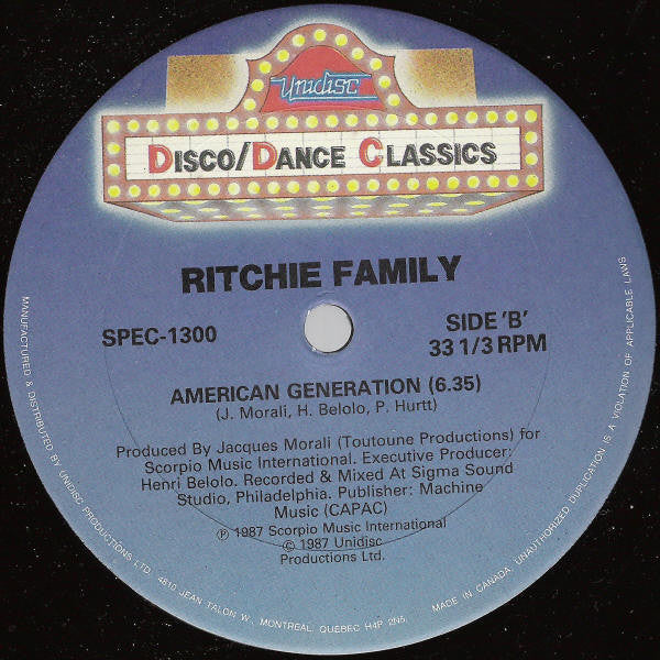 Ritchie Family* : The Best Disco In Town (Original Remix 87) (12", Blu)