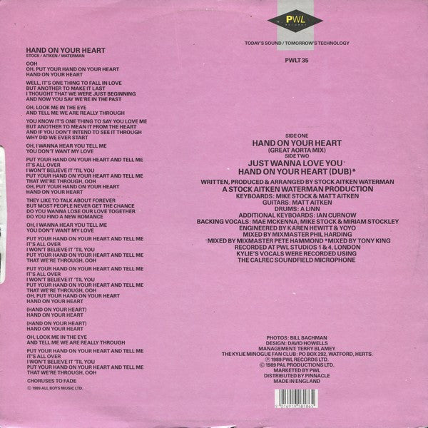 Kylie Minogue : Hand On Your Heart (Remix) (12", Single)
