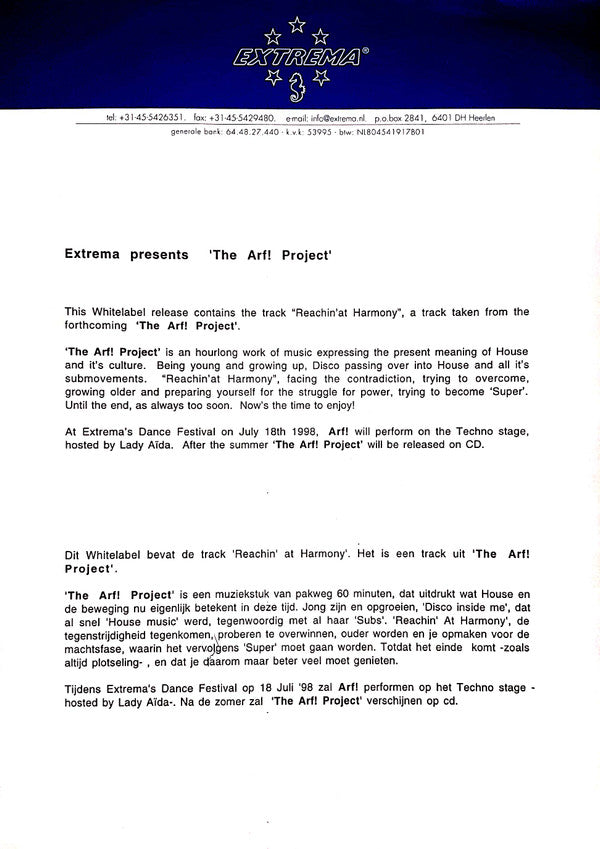 The Arf! Project : Reachin' At Harmony (12")