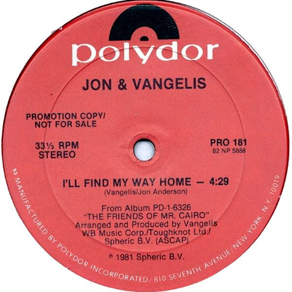 Jon & Vangelis : I'll Find My Way Home (12", Promo)