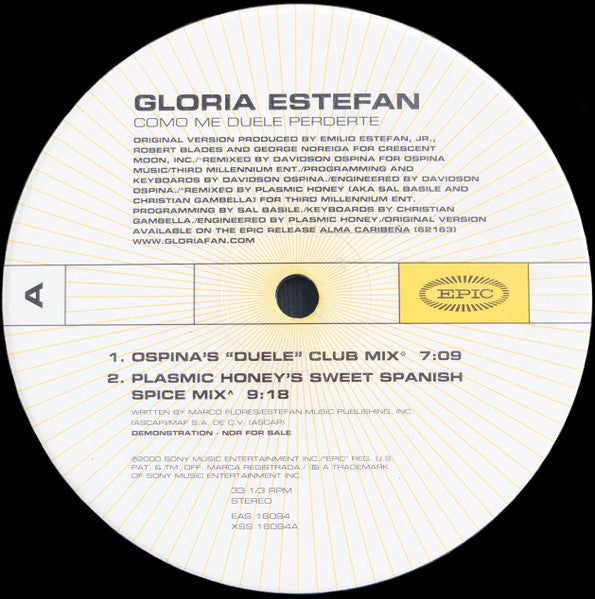Gloria Estefan : Como Me Duele Perderte (12", Single, Promo)
