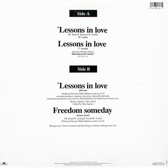 Level 42 : Lessons In Love (12", Single)