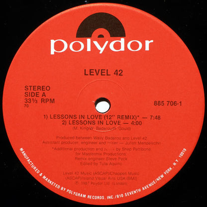 Level 42 : Lessons In Love (12", Single)