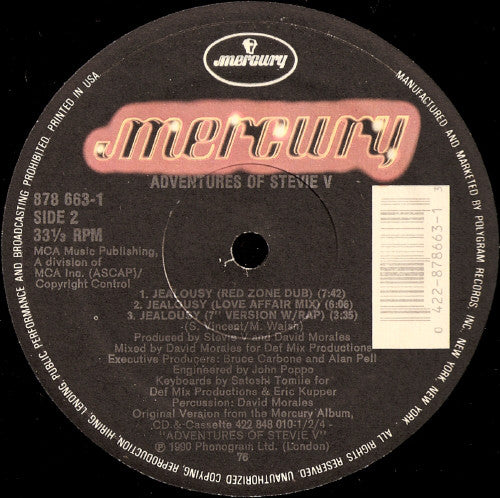 Adventures Of Stevie V* : Jealousy (12")