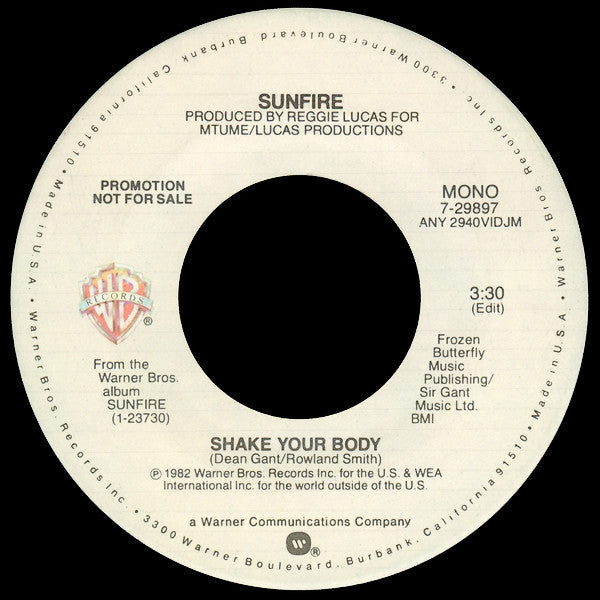 Sunfire (2) : Shake Your Body (7", Single, Mono, Promo)